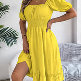 Square Neck Puff Sleeve Smocked Waist Ruffle A-Line Dress