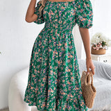 Floral Square Neck Smocked Waist Ruffle A-Line Dress