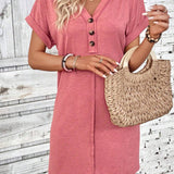 Button - Accent V - Neck Dolman Sleeve Mini Dress