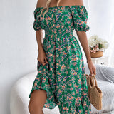 Floral Square Neck Smocked Waist Ruffle A-Line Dress