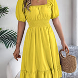 Square Neck Puff Sleeve Smocked Waist Ruffle A-Line Dress