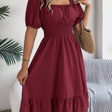 Square Neck Puff Sleeve Smocked Waist Ruffle A-Line Dress