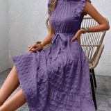 Ruffled Flutter Sleeve Belted Textured Midi Dress