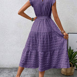 Ruffled Flutter Sleeve Belted Textured Midi Dress