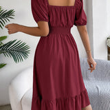 Square Neck Puff Sleeve Smocked Waist Ruffle A-Line Dress