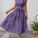 Ruffled Flutter Sleeve Belted Textured Midi Dress