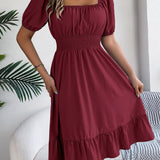 Square Neck Puff Sleeve Smocked Waist Ruffle A-Line Dress