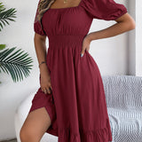 Square Neck Puff Sleeve Smocked Waist Ruffle A-Line Dress