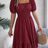 Square Neck Puff Sleeve Smocked Waist Ruffle A-Line Dress