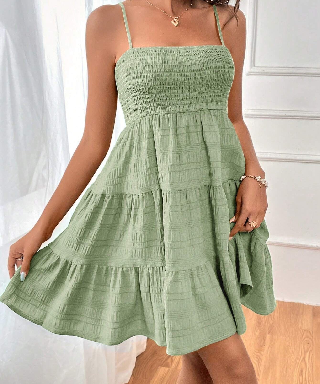 Square Neck Spaghetti Strap Textured Mini Dress