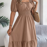 Square Neck Puff Sleeve Smocked Waist Ruffle A-Line Dress