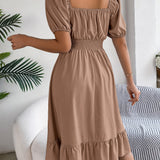 Square Neck Puff Sleeve Smocked Waist Ruffle A-Line Dress