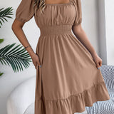Square Neck Puff Sleeve Smocked Waist Ruffle A-Line Dress