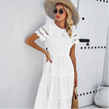 Smocked Tiered Midi Dress with Lace-Trim Sleeves