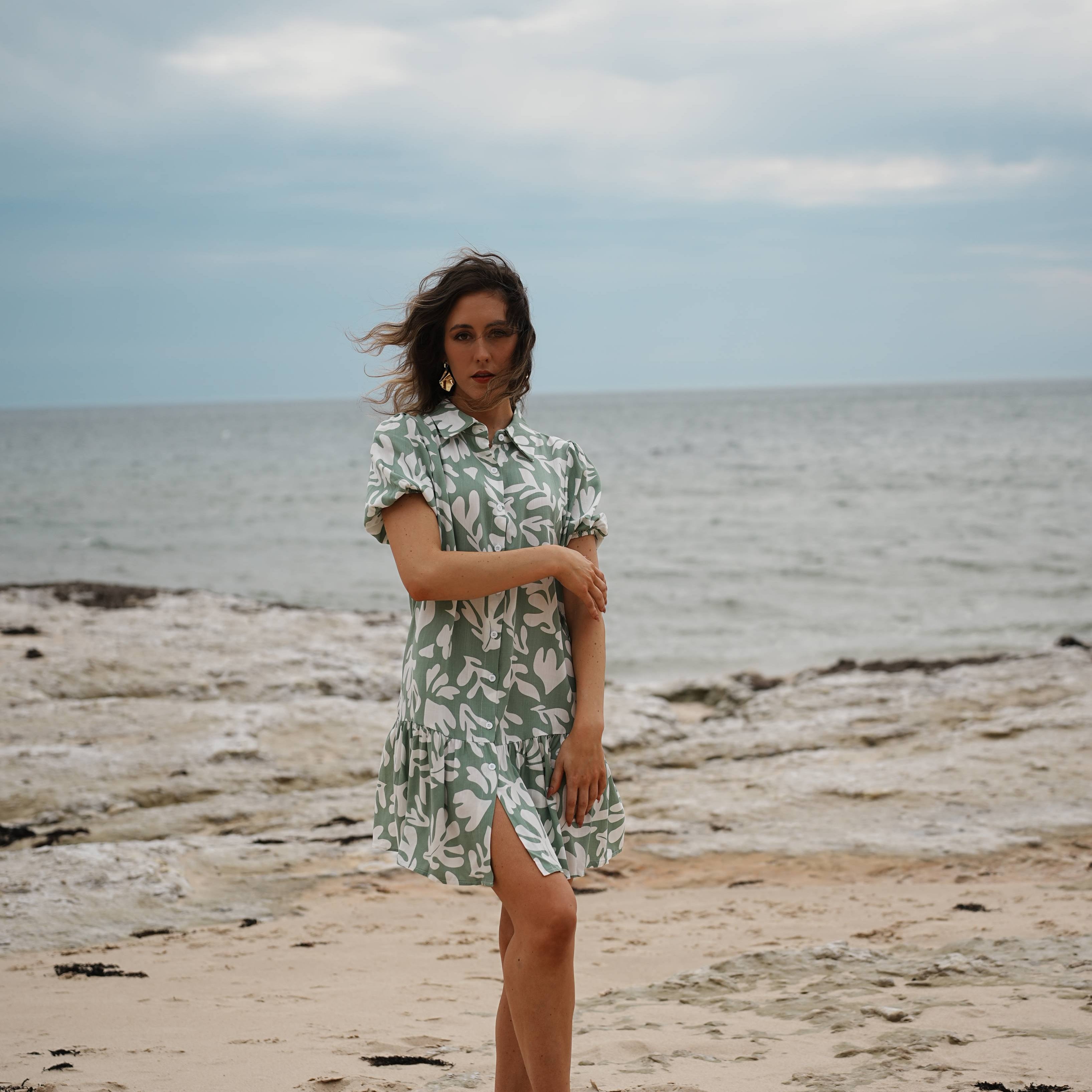 Abstract Printed Tiered Shirt Dress