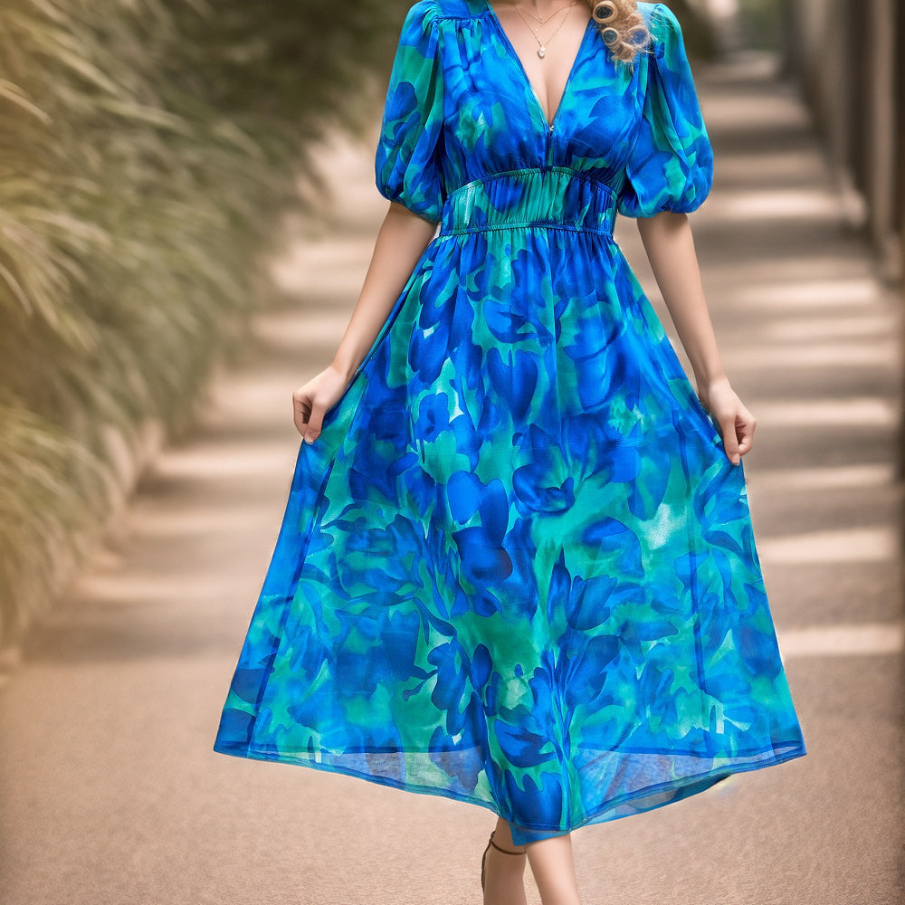 V-neck printed long dress