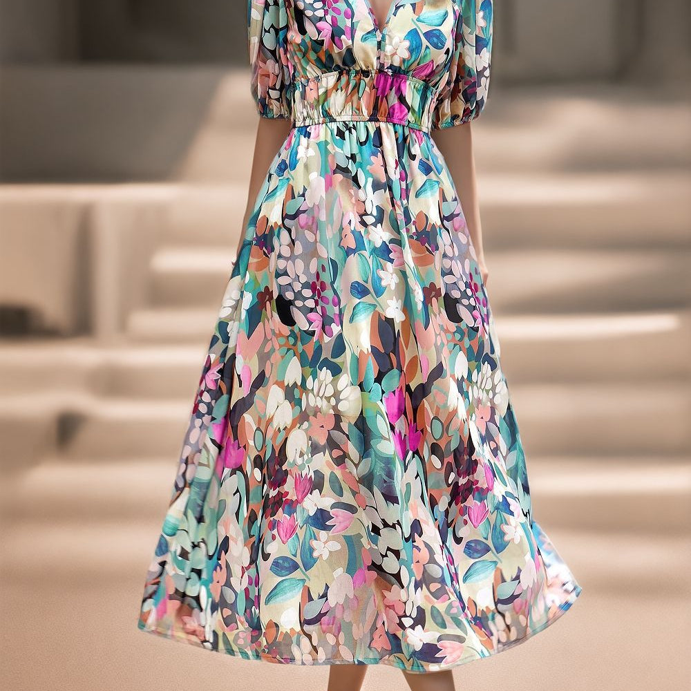 V-neck printed long dress