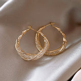 Real Gold Plated Twisted Rhinestone Hoop Earrings (Silver Needles)