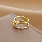 Gold-Plated Korean Light-Luxury Pearl & Zircon Open Ring