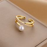 Gold-Plated Korean Double-Wrap Pearl & Zircon Open Ring