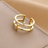 Gold-Plated Korean Cross Zircon Double-Layer Open Ring