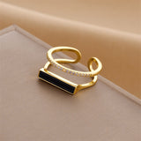 Gold-Plated Korean Double-Layer Black Enamel & Zircon Open Ring
