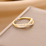 Gold-Plated Korean Double-Layer Pearl & Zircon Open Ring