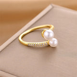 Gold-Plated Korean Double Pearl & Zircon Open Ring