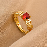 Gold-Plated Korean Red Gem Hollow Pattern Open Ring