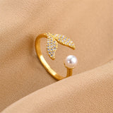 Gold-Plated Korean Mermaid Tail Pearl & Zircon Open Ring