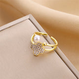 Gold-Plated Korean Four-Leaf Clover Pearl & Zircon Open Ring
