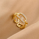 Gold-Plated Korean Chain Logo Zircon Open Ring