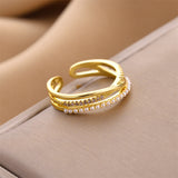 Gold-Plated Korean Multi-Layer Pearl & Zircon Open Ring