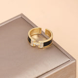 Gold-Plated Korean Black Enamel & Zircon H-Clasp Open Ring