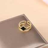 Gold-Plated Korean Double-Layer Black Clover & Zircon Open Ring