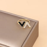 Gold-Plated Korean "V" Letter Black Enamel & Zircon Open Ring