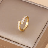 Gold-Plated Korean White Enamel & Baguette Zircon Open Ring