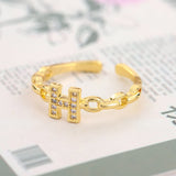 Gold-Plated Korean "H" Letter Zircon Chain Open Ring