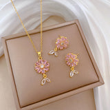 Titanium Steel Pink Floral Jewelry Set