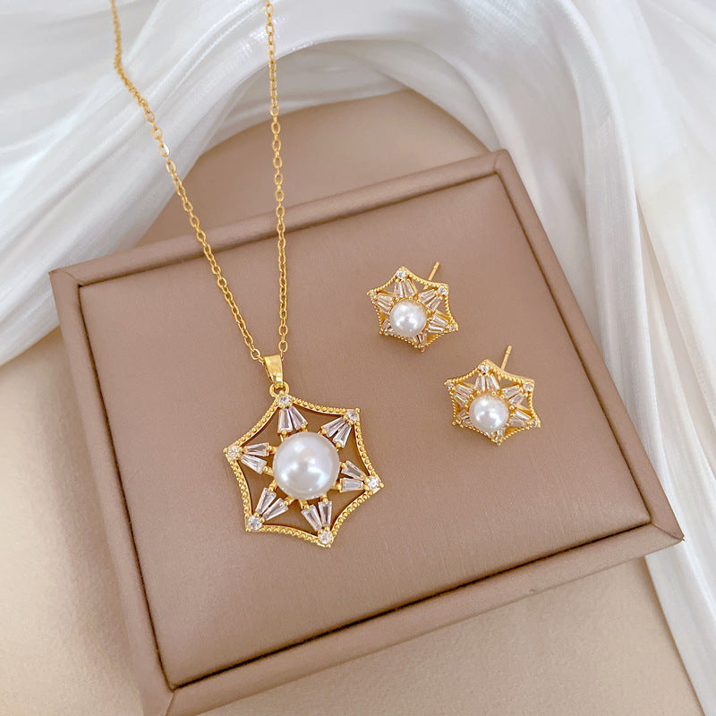 Titanium Steel Pearl & Zircon Jewelry Set