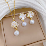Gold-Plated Clover Zircon & Pearl Jewelry Set (Necklace & Earrings)