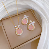 Titanium Steel Pink Gem Floral Jewelry Set