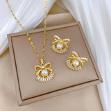 Gold-Plated Bow Zircon & Pearl Jewelry Set (Necklace & Earrings)