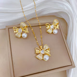 Gold-Plated Bow Zircon & Pearl Jewelry Set (Necklace & Earrings)