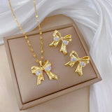 Gold-Plated Bow Zircon Jewelry Set (Necklace & Earrings)
