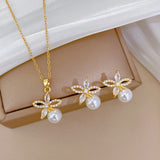 Gold-Plated Butterfly Zircon & Pearl Jewelry Set (Necklace & Earrings)