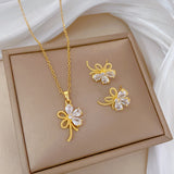 Gold-Plated Clover & Bow Zircon Jewelry Set (Necklace & Earrings)