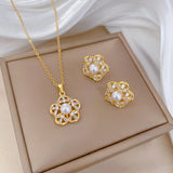 Gold-Plated Flower Zircon & Pearl Jewelry Set (Necklace & Earrings)