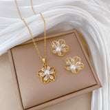 Gold-Plated Floral Pearl & Zircon Jewelry Set (Necklace & Earrings)