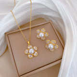 Gold-Plated Flower Pearl & Zircon Jewelry Set (Necklace & Earrings)